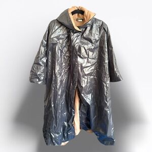 Vintage Lloyd Allen Dark Grey Shiny Hooded Poncho Raincoat Beige Lined Oversized